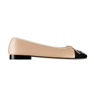 Chanel Beige/Black Leather CC Bow Cap Toe Ballet Flats